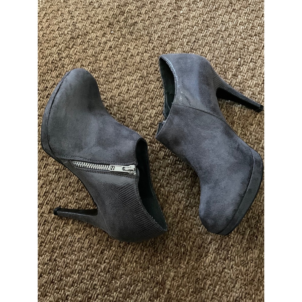 Gray Impo Heeled Ankle Booties Snake Print Accents Side Zip Closure